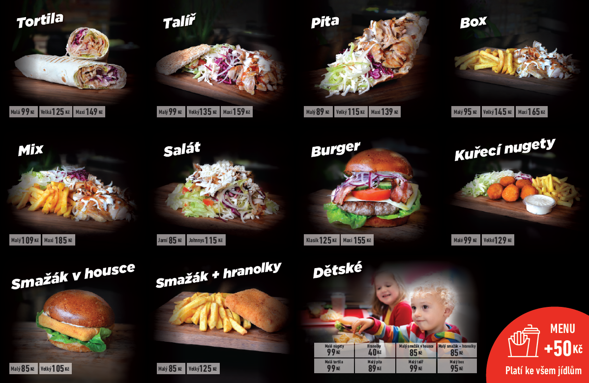 Ceník Burger, Kebab rozvoz jídel Příbram - Rozvozy jídel Příbram, Kebab, burger, smažák, salát
